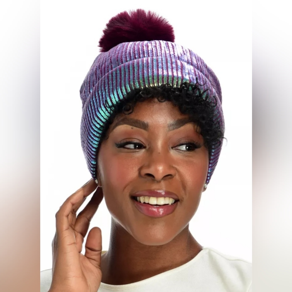 New Muse Royale Knit Metallic Foil Detailed Pom Pom Beanie
